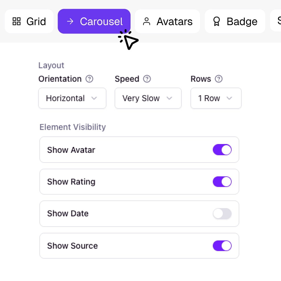 Build your widget with carousels, grids, badges, and more